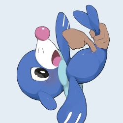 Rule 34 | 1girl, black eyes, blue background, blush, creatures (company), disembodied hand, disembodied hand, female focus, fingering, full body, game freak, gen 7 pokemon, held up, highres, nintendo, no humans, open mouth, pokemon, pokemon (creature), popplio, pussy, pussy juice, simple background, solo, tears, uncensored, upside-down, vaginal, youjo modoki