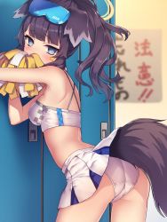 Rule 34 | 1girl, animal ears, blue archive, blue eyes, cheerleader, crotch seam, dog ears, dog girl, dog tail, hibiki (blue archive), hibiki (cheer squad) (blue archive), highres, looking at viewer, millennium cheerleader outfit (blue archive), nya-c, panties, pom pom (cheerleading), solo, tail, trefoil, underwear, white panties