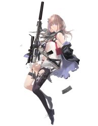 Rule 34 | 1girl, assault rifle, asymmetrical legwear, black jacket, black pantyhose, blue eyes, damaged, dress, fingerless gloves, full body, girls&#039; frontline, gloves, gun, hair ornament, highres, holding, holding gun, holding weapon, holster, jacket, knife, lin+, looking at viewer, magazine (weapon), multicolored hair, off shoulder, official art, open clothes, open jacket, open mouth, panties, pantyhose, personification, rifle, scarf, scope, shirt, single leg pantyhose, solo, st ar-15 (girls&#039; frontline), strap, streaked hair, suppressor, thigh holster, thigh strap, torn clothes, torn jacket, transparent background, underwear, uneven legwear, weapon, white shirt