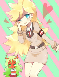 Rule 34 | annoyed, blonde hair, blue eyes, colored skin, cosplay, costume switch, crossed arms, demon girl, green eyes, green hair, hand on own face, heart, horns, long hair, necktie, panty &amp; stocking with garterbelt, panty (psg), red skin, scanty (psg), school uniform, skirt, sweatdrop, very long hair, wink