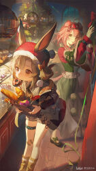 2girls ahoge animal_ears arknights bag bakery bandaid bandaid_on_leg black_footwear black_necktie bow bread brown_eyes brown_hair cake candy candy_cane christmas christmas_ornaments christmas_tree christmas_wreath coat collared_shirt counter cupcake display_case doughnut dress ears_through_headwear folded_hair food food_in_mouth goldenglow_(arknights) goldenglow_(maiden_for_the_bright_night)_(arknights) green_dress green_ribbon grey_shirt hair_bow hat headband highres holding holding_bag indoors looking_at_viewer maipianvale multiple_girls necktie night night_sky off_shoulder official_alternate_costume open_clothes open_coat pastry pink_hair popsicle ribbon santa_hat shelf shirt shop sky thigh_strap tile_floor tiles warmy_(arknights) warmy_(at_the_warm_velvet_corner)_(arknights) watermark wide_sleeves window wreath yellow_eyes