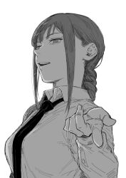 Rule 34 | 1girl, absurdres, braid, breasts, chainsaw man, collared shirt, commentary request, greyscale, highres, large breasts, makima (chainsaw man), monochrome, necktie, open mouth, profile, ringed eyes, setouchi mao, shirt, single braid, solo, upper body