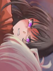 Rule 34 | 1girl, artist name, black hair, blonde hair, clenched teeth, close-up, commentary request, crying, crying with eyes open, floating hair, hair between eyes, highres, inoue takina, kuromahikaren, long hair, looking at viewer, lycoris recoil, nishikigi chisato, one side up, open mouth, purple eyes, short hair, sideways, spoilers, tears, teeth