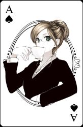 Rule 34 | 1girl, ace (playing card), ace of spades, blonde hair, business suit, card, colored skin, cup, dress shirt, drinking, formal, framed, glasses, green eyes, hair bun, holding, holding cup, looking at viewer, monochrome, original, playing card, playing card theme, poaro, rimless eyewear, shirt, simple background, single hair bun, solo, spade (shape), spot color, suit, teacup, white background, white skin