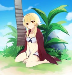 Rule 34 | 1girl, absurdres, bad id, bad pixiv id, blonde hair, blue sky, cloud, cloudy sky, day, feather hair ornament, feathers, flower, genshin impact, grass, hair between eyes, hair flower, hair ornament, highres, jacket, jacket over swimsuit, looking at viewer, lumine (genshin impact), outdoors, plant, seiza, shiki (shiki1230), short hair, sitting, sketch, sky, solo, swimsuit, tree, yellow eyes