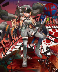 Rule 34 | 10s, 1girl, absurdres, bare shoulders, bismarck (kancolle), blonde hair, blood, blood on face, blue eyes, breasts, bus, cannon, chair, collarbone, desk, detached sleeves, elbow gloves, full body, gloves, grey thighhighs, hand on headwear, hat, highres, holding, itomugi-kun, kantai collection, lips, long hair, looking at viewer, machinery, military, military hat, military uniform, motor vehicle, no bra, no entry sign, no stopping sign, oversized object, peaked cap, pencil, railroad tracks, road sign, running track, school chair, school desk, sign, signpost, solo, stop sign, surreal, thighhighs, turret, uniform, vehicle, warning sign, zettai ryouiki