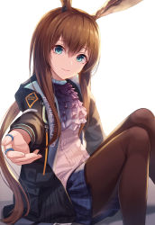 Rule 34 | 1girl, absurdres, amiya (arknights), animal ears, arknights, black jacket, black pantyhose, blue eyes, blue skirt, breasts, brown hair, closed mouth, collar, earpiece, frilled collar, frills, hair between eyes, highres, hood, hooded jacket, huge filesize, jacket, jewelry, k0a, long hair, looking at viewer, miniskirt, multiple rings, neck ring, pantyhose, plaid, plaid skirt, pleated skirt, ponytail, rabbit ears, reaching, reaching towards viewer, ring, shirt, sidelocks, simple background, skirt, small breasts, smile, solo, straight hair, very long hair, white background, white shirt