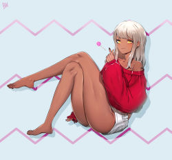Rule 34 | 1girl, :3, player character (mabinogi), bare legs, barefoot, bbuni, black nails, blush, candy, collarbone, commission, crossed legs, dark-skinned female, dark skin, ear piercing, feet, finger heart, food, highres, lollipop, long hair, looking at viewer, mabinogi, nail polish, off-shoulder sweater, off shoulder, piercing, red sweater, short shorts, shorts, signature, silver hair, sitting, solo, sweater, thighs, white shorts, yellow eyes