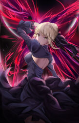 Rule 34 | 1girl, absurdres, ahoge, artoria pendragon (all), artoria pendragon (fate), back cutout, black dress, black ribbon, blonde hair, braid, breasts, clothing cutout, dark persona, dress, excalibur (fate/stay night), excalibur morgan (fate), fate/grand order, fate/stay night, fate (series), french braid, gothic lolita, hair ribbon, hands up, highres, holding, holding sword, holding weapon, large breasts, lolita fashion, long sleeves, looking at viewer, looking back, monogatari0204, official alternate costume, ribbon, saber alter, solo, sword, weapon, yellow eyes