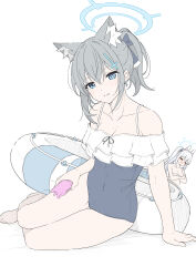 Rule 34 | 2girls, absurdres, alternate costume, animal ear fluff, animal ears, black one-piece swimsuit, blue archive, blue eyes, breasts, casual one-piece swimsuit, closed eyes, closed mouth, commentary, cosplay, covering breasts, covering privates, cross hair ornament, earrings, extra ears, fake animal ears, grey hair, hair ornament, halo, highres, innertube, jewelry, looking at viewer, masabodo, medium breasts, miyako (blue archive), miyako (blue archive) (cosplay), miyako (swimsuit) (blue archive), multiple girls, one-piece swimsuit, ponytail, rabbit ears, revision, shiroko (blue archive), sidelocks, sitting, solo focus, swim ring, swimsuit, symbol-only commentary, white hair, wolf ears