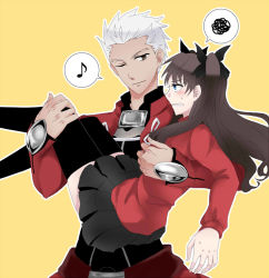 Rule 34 | 1boy, 1girl, akira (ubw), archer (fate), black hair, black thighhighs, blue eyes, blush, brown eyes, carrying, dark-skinned male, dark skin, fate/stay night, fate (series), musical note, one eye closed, princess carry, profile, quaver, speech bubble, spoken musical note, spoken squiggle, squiggle, sweatdrop, thighhighs, tohsaka rin, twintails, two side up, white hair, yellow background, zettai ryouiki