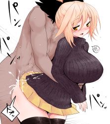 Rule 34 | 1boy, 1girl, alternate costume, black thighhighs, blonde hair, blush, bow, breasts, brown eyes, clothed female nude male, clothed sex, cum, cum in pussy, hair bow, han (jackpot), hetero, kurodani yamame, large breasts, microskirt, miniskirt, nude, ribbed sweater, sex, short hair, skirt, sweater, text focus, thighhighs, touhou