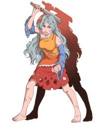 Rule 34 | 1girl, aqua hair, bare shoulders, barefoot, detached sleeves, dress, hatchet, highres, holding, long hair, looking at viewer, mefomefo, nata (tool), open mouth, red eyes, sakata nemuno, scar, single strap, solo, touhou, wavy hair
