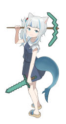 Rule 34 | 1girl, absurdres, animal ears, blue hair, blue nails, fang, fins, fish tail, gawr gura, highres, hololive, hololive english, minecraft, minecraft pickaxe, minecraft sword, multicolored hair, nail polish, quel (quel1111), shark tail, side ponytail, silver hair, standing, streaked hair, tail, virtual youtuber