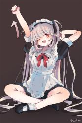 Rule 34 | 1girl, ;d, apron, arms up, arrow (symbol), black dress, black footwear, blush, bobby socks, bow, brown background, collared dress, dress, full body, grey hair, head tilt, highres, long hair, maid, maid apron, maid headdress, mary janes, nail polish, one eye closed, open mouth, original, puffy short sleeves, puffy sleeves, red bow, red eyes, red nails, sha2mo, shadow, shoes, short sleeves, signature, simple background, sitting, smile, socks, solo, teeth, two side up, upper teeth only, very long hair, white socks