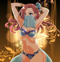 Rule 34 | 1girl, absurdres, aqua eyes, armpits, arms behind head, arms up, bikini, bracelet, breasts, brown hair, commentary, commission, curtains, earrings, english commentary, highres, jewelry, katarina claes, long hair, medium breasts, mouth veil, navel, otome game no hametsu flag shika nai akuyaku reijou ni tensei shite shimatta, pink mousse, skeb commission, solo, sparkle, swimsuit, upper body, veil