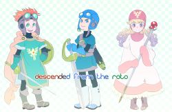 Rule 34 | 1girl, 2boys, belt, blonde hair, blue eyes, breasts, cape, closed mouth, commentary request, dragon quest, dragon quest ii, dress, gloves, goggles, goggles on head, goggles on headwear, hat, highres, hood, hood up, kei (desafinado), long hair, looking at viewer, multiple boys, open mouth, prince of lorasia, prince of samantoria, princess, princess of moonbrook, red eyes, robe, spiked hair, sword, weapon, white robe
