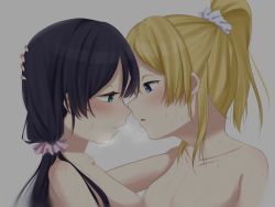 Rule 34 | 2girls, ayase eli, blonde hair, blue eyes, blush, green eyes, grey background, highres, long hair, love live!, love live! school idol project, multiple girls, nude, out-of-frame censoring, parted lips, ponytail, purple hair, short hair, simple background, sweat, tojo nozomi, twintails, upper body, yuri