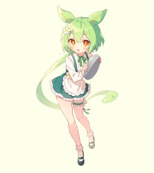 Rule 34 | 1girl, apron, blush, bobby socks, bridal garter, dress, flat chest, flower, full body, goshi-san, green hair, hair flower, hair ornament, highres, holding, holding tray, long hair, looking at viewer, low ponytail, mary janes, open mouth, orange eyes, shoes, simple background, socks, solo, tray, voicevox, waitress, white background, zundamon