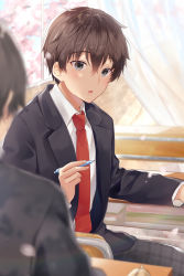 Rule 34 | 2boys, black jacket, blazer, blurry, blurry foreground, branch, brown hair, chair, cherry blossoms, collared shirt, commentary request, curtains, day, depth of field, desk, flower, grey eyes, grey pants, gyozanuko, hair between eyes, highres, holding, holding pencil, indoors, jacket, long sleeves, male focus, mechanical pencil, multiple boys, necktie, on chair, open clothes, open jacket, original, pants, pencil, pink flower, red neckwear, school chair, school desk, shirt, sitting, solo focus, transparent, white shirt, window