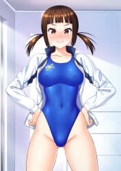 Rule 34 | 1girl, asics, blush, brown eyes, brown hair, collarbone, commission, competition swimsuit, covered erect nipples, cowboy shot, doyagao, gluteal fold, hands on own hips, highleg, highleg swimsuit, highres, jacket, kuri (kurigohan), long hair, looking at viewer, nose blush, one-piece swimsuit, original, pixiv commission, smug, solo, swimsuit, twintails, white jacket