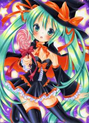 Rule 34 | 1girl, absurdres, blush, boots, candy, cape, corset, food, green eyes, green hair, halloween, hat, hatsune miku, highres, hinako (turip-turop), lollipop, long hair, marker (medium), matching hair/eyes, open mouth, skirt, solo, swirl lollipop, thigh boots, thighhighs, traditional media, twintails, very long hair, vocaloid, witch hat