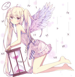 Rule 34 | 1girl, bare shoulders, barefoot, blonde hair, clock, commentary, dress, from side, full body, hair between eyes, highres, hourglass, kneeling, long hair, looking at viewer, looking to the side, original, purple dress, purple eyes, roman numeral, sleeveless, sleeveless dress, solo, striped, symbol-only commentary, tsukiyo (skymint), twintails, vertical stripes, very long hair, white background
