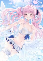 Rule 34 | 1girl, bare shoulders, blue archive, breasts, cleavage, hair buns, long hair, looking at viewer, medium breasts, mika (blue archive), paraffin, pink hair, smile, solo, twintails, wings