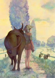 Rule 34 | 1girl, 6+others, ass, back, bare legs, bare shoulders, barefoot, brown eyes, brown hair, cloud, cow, day, from behind, full body, hat, highres, kuchibiru (lipblue), leaning forward, looking at viewer, looking back, multiple others, no bra, off shoulder, original, outdoors, rice paddy, rice planting, rural, scenery, serious, short sleeves, single bare shoulder, skirt, skirt hold, sky, solo focus, strap slip, tagme, tree, working