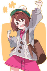 Rule 34 | 1girl, :d, arm up, backpack, bag, blush, brown eyes, brown hair, cardigan, clenched hands, creatures (company), game freak, gloria (pokemon), green hat, grey cardigan, hat, ixy, looking at viewer, nintendo, open mouth, pokemon, pokemon swsh, short hair, smile, solo, tam o&#039; shanter, teeth, upper teeth only