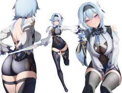 Rule 34 | 1girl, absurdres, ass, black hairband, blue hair, blue necktie, blush, bodystocking, boots, breasts, covered navel, eula (genshin impact), full body, genshin impact, gloves, hair ornament, hairband, highres, large breasts, long sleeves, looking at viewer, medium hair, multiple views, necktie, parted lips, purple eyes, simple background, skindentation, terebi (shimizu1996), thigh boots, thighhighs, thighs, white background