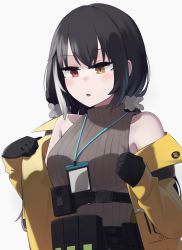 Rule 34 | 1girl, :o, ammunition belt, ammunition pouch, black gloves, black hair, blush, breasts, brown sweater vest, clothes pull, girls&#039; frontline, gloves, hair ornament, hairclip, heterochromia, highres, hinami047, id card, jacket, jacket pull, long hair, looking down, medium breasts, multicolored hair, open clothes, open jacket, open mouth, pouch, red eyes, ro635 (girls&#039; frontline), ro635 (mod3) (girls&#039; frontline), solo, sweater vest, upper body, white background, yellow eyes, yellow jacket