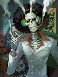 Rule 34 | 1boy, afro, bad id, bad pixiv id, black hair, brook (one piece), character name, cigarette, formal, glasses, headphones, highres, holding, holding cigarette, looking at viewer, male focus, one piece, poster (object), santa65, skeleton, smoke, smoking, solo, suit