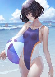 Rule 34 | 1girl, ball, beach, beachball, black eyes, breasts, cloud, collarbone, competition swimsuit, contrapposto, expressionless, groin, head tilt, highres, island, kaoming, looking at viewer, medium hair, one-piece swimsuit, original, outdoors, sand, see-through, sky, small breasts, swimsuit, waving, wavy hair, wet, wet clothes, wet swimsuit