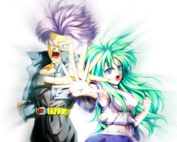 Rule 34 | 1boy, 1girl, back-to-back, blue eyes, breasts, clenched hand, crossover, detached sleeves, dragon ball, dragonball z, green hair, highres, kamishima kanon, kochiya sanae, large breasts, light, light purple hair, long hair, open mouth, touhou, trunks (dragon ball), trunks (future) (dragon ball)