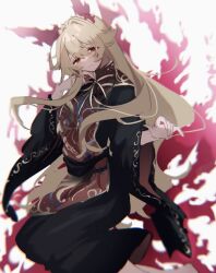 Rule 34 | 1girl, ayahi 4, black dress, blonde hair, commentary, dress, highres, junko (touhou), long hair, long sleeves, looking at viewer, parted lips, red eyes, simple background, solo, tabard, touhou, white background, wide sleeves