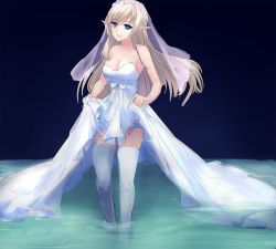 Rule 34 | 1girl, alleyne (queen&#039;s blade), alleyne (queen's blade), bare shoulders, blonde hair, blue eyes, breasts, bridal veil, cleavage, clothes lift, drawfag, dress, dress lift, elf, fighting master alleyne, long hair, parted lips, pointy ears, queen&#039;s blade, smile, solo, strapless, strapless dress, thighhighs, veil, wading, wedding dress, white thighhighs
