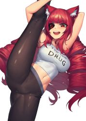 Rule 34 | 1girl, absurdres, animal ears, armpits, arms behind back, blush, breasts, cat ears, dekka, drill hair, eyepatch, highres, large breasts, long hair, looking down, navel, pants, pantyhose, red eyes, red hair, smile, solo, stella hoshii, stretching, sweatpants, va-11 hall-a