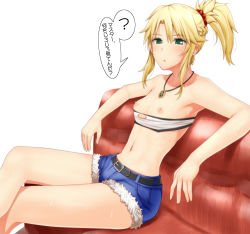 Rule 34 | 1girl, ?, armpits, bandeau, belt, blonde hair, braid, breasts, couch, fate/apocrypha, fate/grand order, fate (series), feet out of frame, fur trim, green eyes, guchiota field, hair ornament, hair scrunchie, high ponytail, jewelry, looking at viewer, midriff, mordred (fate), mordred (fate/apocrypha), mordred (memories at trifas) (fate), navel, necklace, nipples, parted bangs, partially opened mouth, scrunchie, short shorts, shorts, sitting, small breasts, solo, stomach, sweat, translated