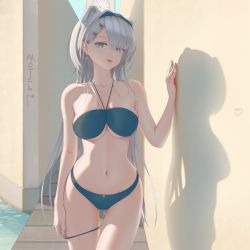 Rule 34 | 1girl, animal ears, arknights, arm at side, aurora (arknights), bear ears, bikini, blue bikini, blue eyes, blue hairband, breasts, clock, clock tower, collarbone, commentary request, day, earrings, grey hair, hairband, hand up, heart, heart-shaped pupils, highres, icycore, jewelry, large breasts, long hair, looking at viewer, navel, outdoors, petals, shadow, skindentation, solo, standing, stomach, swimsuit, symbol-shaped pupils, tongue, tongue out, tower, very long hair, water