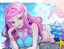 Rule 34 | 1girl, aqua eyes, blue sky, bracelet, breasts, cloud, commentary request, dakuryuu, day, fins, head fins, highres, jewelry, laura (precure), long hair, lying, medium breasts, mermaid, midriff, monster girl, on stomach, open mouth, pink hair, precure, signature, sky, smile, solo, tropical-rouge! precure