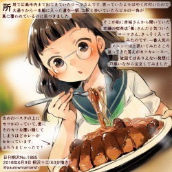 Rule 34 | 1girl, alternate costume, brown eyes, brown hair, colored pencil (medium), commentary request, curry, dated, eyewear strap, food, fork, glasses, green neckerchief, green sailor collar, holding, holding fork, kantai collection, kirisawa juuzou, neckerchief, numbered, open mouth, pasta, pince-nez, roma (kancolle), sailor collar, school uniform, serafuku, shirt, short hair, short sleeves, solo, spaghetti, traditional media, translation request, twitter username, white shirt
