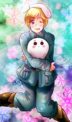 Rule 34 | 1boy, artist request, axis powers hetalia, belt, beret, blonde hair, blush, boots, clothes, coat, finland (hetalia), full body, hat, jacket, looking at viewer, male focus, military, military uniform, open mouth, pants, purple eyes, shoes, short hair, smile, stuffed toy, uniform