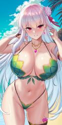 Rule 34 | 1girl, absurdres, adjusting hair, beach, bikini, breasts, breasts apart, breasts squeezed together, fate/grand order, fate (series), gluteal fold, groin, highres, huge breasts, kama (fate), kama (swimsuit avenger) (fate), kama (swimsuit avenger) (second ascension) (fate), kook, navel, red eyes, solo, swimsuit, taut clothes, white hair