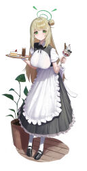 Rule 34 | 1girl, absurdres, alternate costume, apron, black dress, black footwear, black ribbon, blonde hair, blue archive, blunt bangs, blush, breasts, cake, cake slice, closed mouth, collared dress, commentary request, cup, dress, food, green eyes, green halo, hair bun, halo, highres, holding, holding cup, holding tray, hwan (verypoor), ice cream, large breasts, loafers, long hair, looking at viewer, maid, maid apron, neck ribbon, nonomi (blue archive), plant, potted plant, ribbon, shoes, simple background, single hair bun, single side bun, smile, solo, standing, sundae, tray, white apron, white background, white wristband