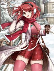 Rule 34 | 1girl, absurdres, bag, belt, brown eyes, coat, coffee, earmuffs, fgsketch, floating hair, high-waist skirt, highres, holding, open clothes, open mouth, outdoors, pyra (xenoblade), red hair, red scarf, red thighhighs, scarf, shoulder bag, skirt, smile, snowing, solo, swept bangs, teeth, thighhighs, upper teeth only, winter clothes, winter coat, xenoblade chronicles (series), xenoblade chronicles 2, zettai ryouiki