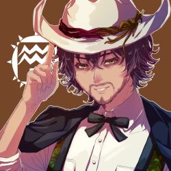 Rule 34 | 1boy, 24mbb, bow, bowtie, brown eyes, brown hair, character name, cowboy hat, dark skin, gnosia, hat, jonas (gnosia), long sleeves, looking at viewer, male focus, parted lips, short hair, signature, smile, solo, tan