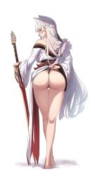 Rule 34 | 1girl, absurdres, animal ears, ass, barefoot, blonde hair, blush, character request, clothes lift, copyright request, dress, from behind, highres, holding, holding sword, holding weapon, legs, long hair, long legs, looking at viewer, partially visible vulva, pinkmarine, purple eyes, shiny skin, single bare shoulder, solo, sword, thong, weapon, white background, white dress