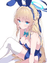 Rule 34 | 1girl, blonde hair, blue archive, blue bow, blue eyes, blue hair, blue halo, blue leotard, bow, breasts, cleavage, collar, commentary request, detached collar, hair bow, halkawa501, halo, highres, leotard, long hair, looking at viewer, medium breasts, multicolored hair, official alternate costume, official alternate hairstyle, playboy bunny, simple background, solo, strapless, strapless leotard, streaked hair, thighhighs, toki (blue archive), toki (bunny) (blue archive), two-tone hair, white background, white collar, white thighhighs