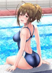 Rule 34 | 1girl, ahoge, ass, blue one-piece swimsuit, brown eyes, brown hair, commentary request, competition swimsuit, fence, highres, idolmaster, idolmaster shiny colors, kuwayama chiyuki, looking at viewer, looking back, one-piece swimsuit, pool, poolside, short hair, signdasuyo, solo, swimsuit, water